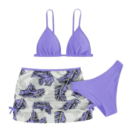 Cathalem Girls Swimsuit  Bathing Suits 3 Piece Tropical Floral Twist Cross Bikini Sets Girls  Swimwear with Cover Up Skirt (Purple 6-8 Years)