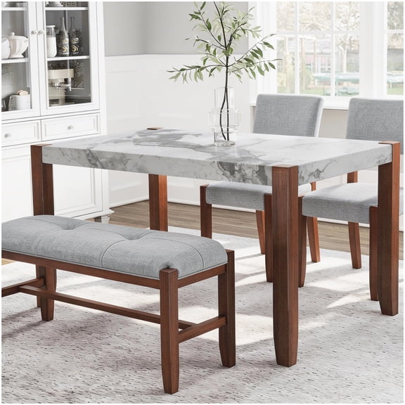 4-Person Dining Room Set: Faux Marble Top Table, Upholstered Chairs, Bench in Gray