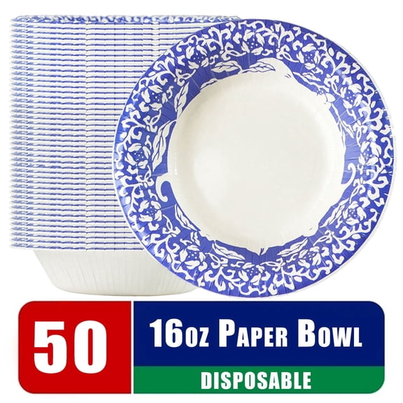 50 Count 16 oz Paper Bowls, Porcelain Pattern Disposable Soup Bowls, Heavy Duty Leak-Proof Microwave Safe Compostable Bowls for Cereal, Salad, Soup and Snacks, Home and Party Use