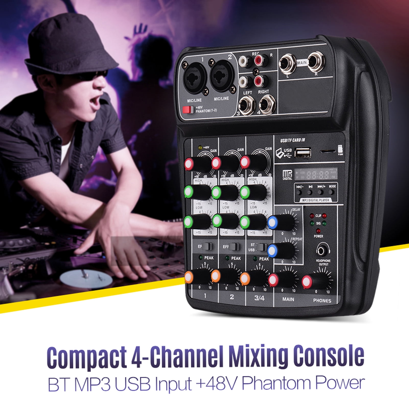 Muslady AI-4 Compact Mixing Console Digital Audio Mixer 4-Channel BT MP3 USB Input +48V Phantom for Recording DJ Network Live Broadcast Karaoke