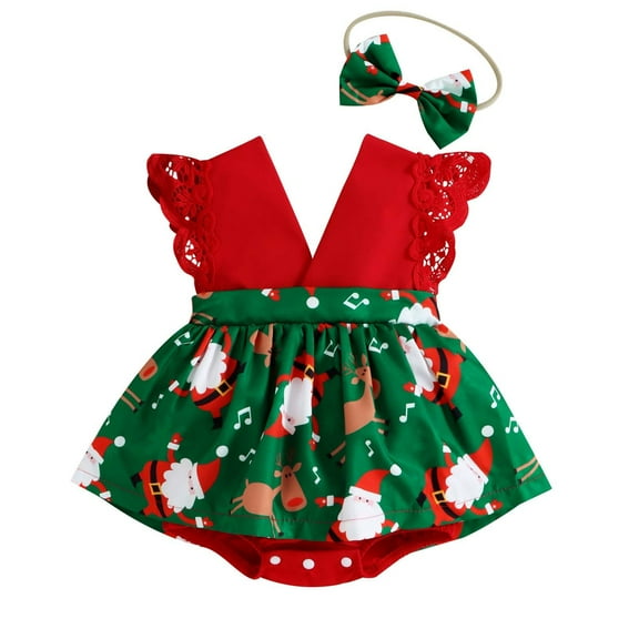 Odeerbi Christmas Dresses For Girls Toddler Baby Kids Cartoon Print Romper Backless Dress Outfits Green