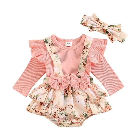 Elippeo Baby Girls 2Pcs Fall Outfits 3 6 9 12 18 Months Long Sleeve Romper Floral Suspender Dress Headband Set