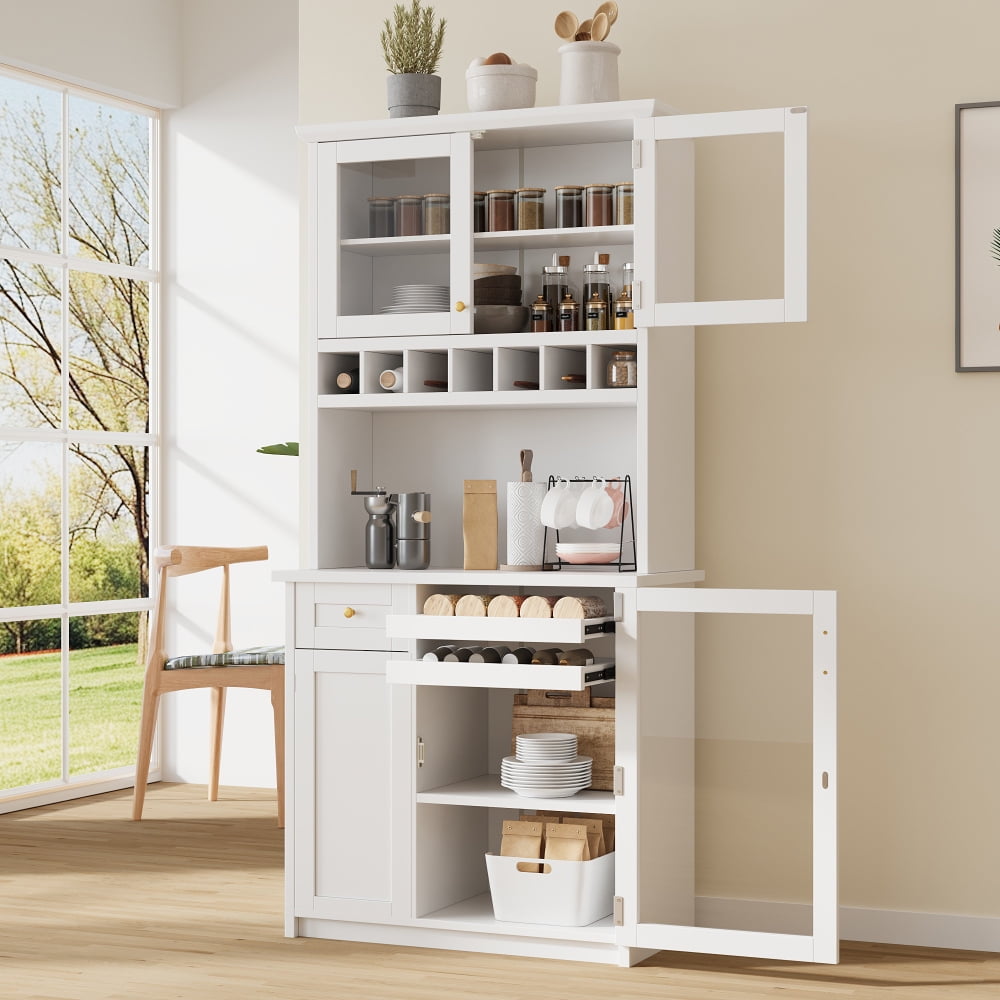 Farmhouse Freestanding Buffet with Hutch, Tall Kitchen Pantry Storage Cabinet with Wine Rack, Adjustable Shelves and Glass Doors for Dining Room, White