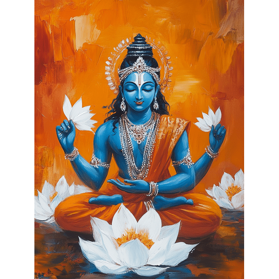 Lord Vishnu Lotus Decoration Painting/Canvas Art, Suitable for Living Room, Bedroom, Meditation Room, Yoga Studio, Temple, Office, Home Decor, Spiritual Space, Hindu Art Wall Decor, Divine Artwork.