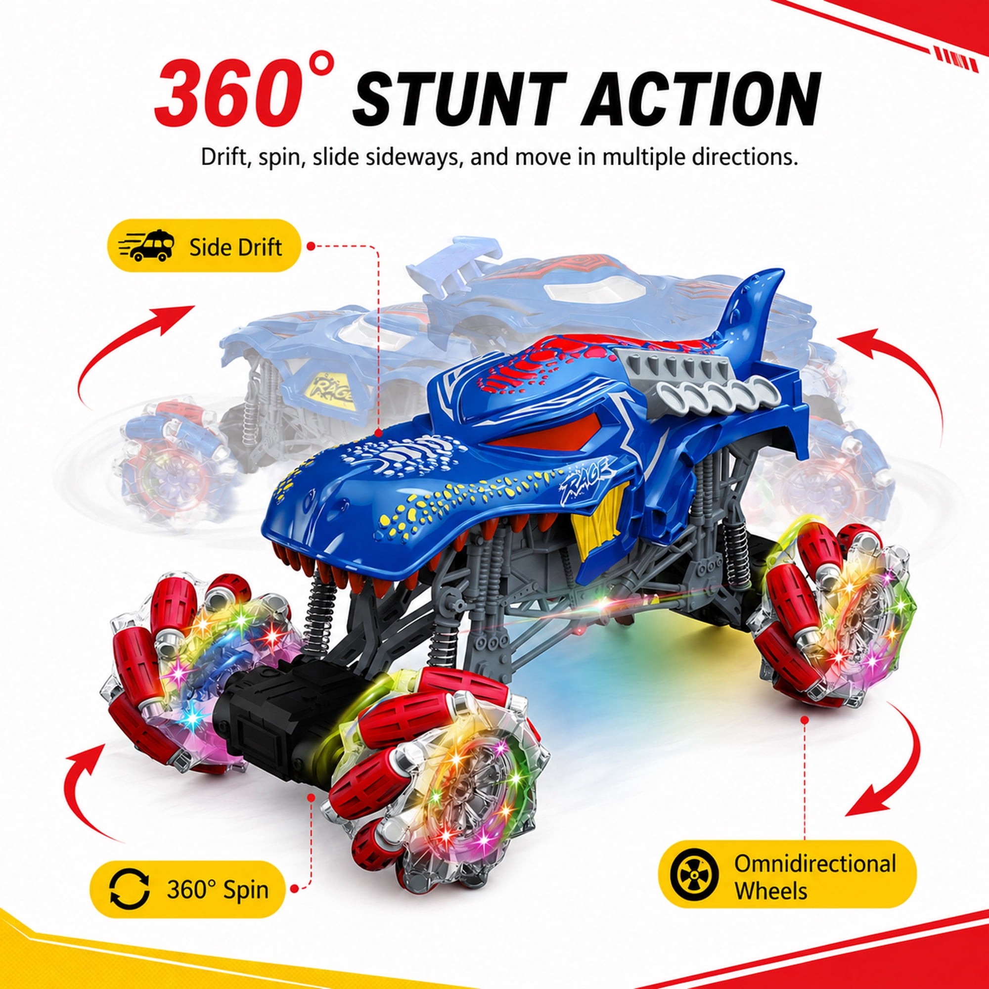 Remote Control Stunt Car for Kids, 1:16 4WD RC Monster Truck with 360° Spin, Sideways Drift, Omnidirectional Wheels, Blue