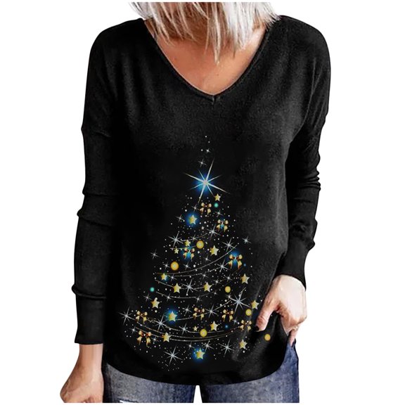 Odeerbi Christmas Shirts for Women Long Sleeve Tops Fashion Casual Christmas Print Round Neck Loose Blouse