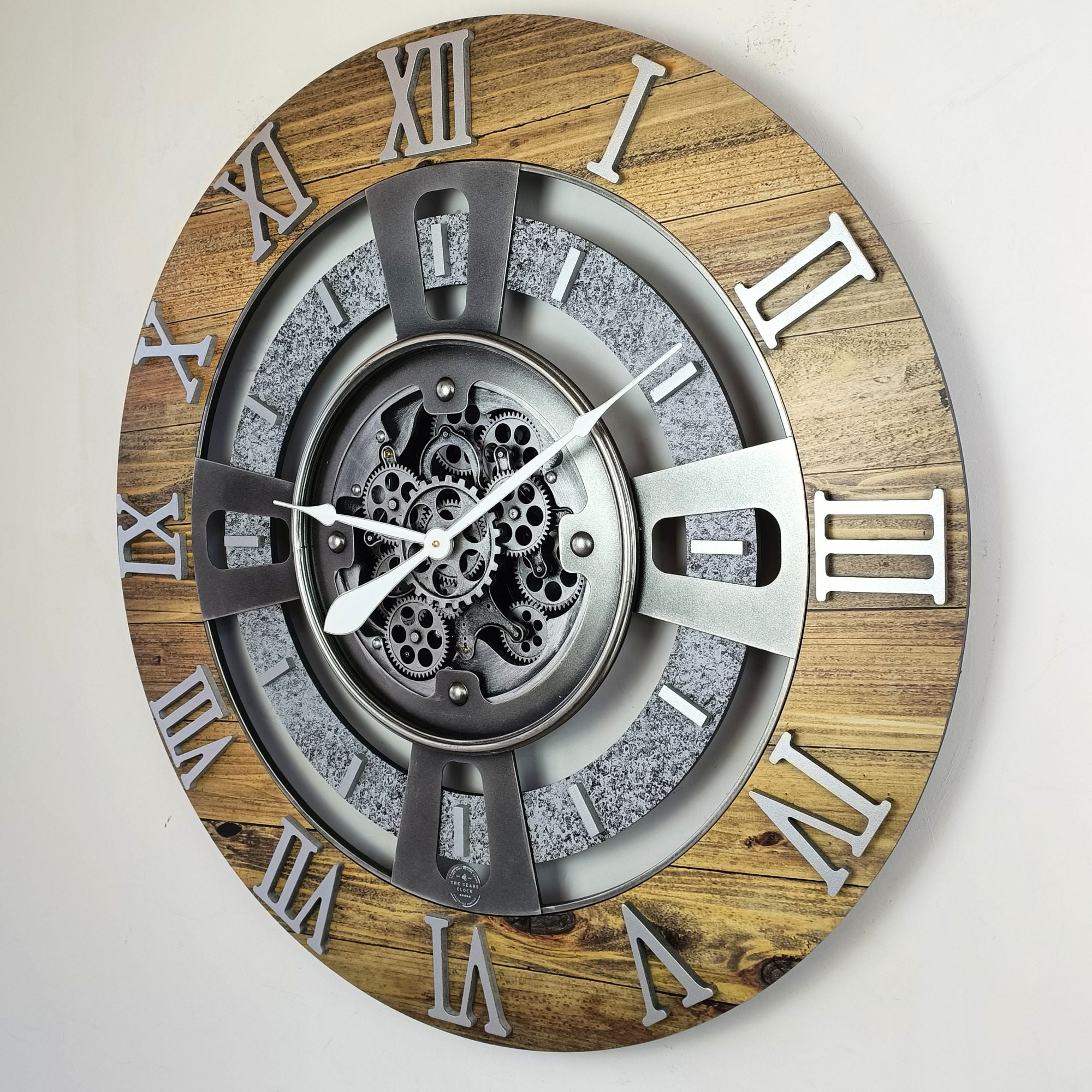 THE GEARS CLOCK Wall Clock with Real Moving Gears EN-LI_ 24 in Round Wood-Stone