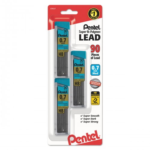 New Pentel Super Hi-Polymer Lead Refills, 0.7 mm, HB, Black, 30/Tube, 3 Tubes/Pack,Each