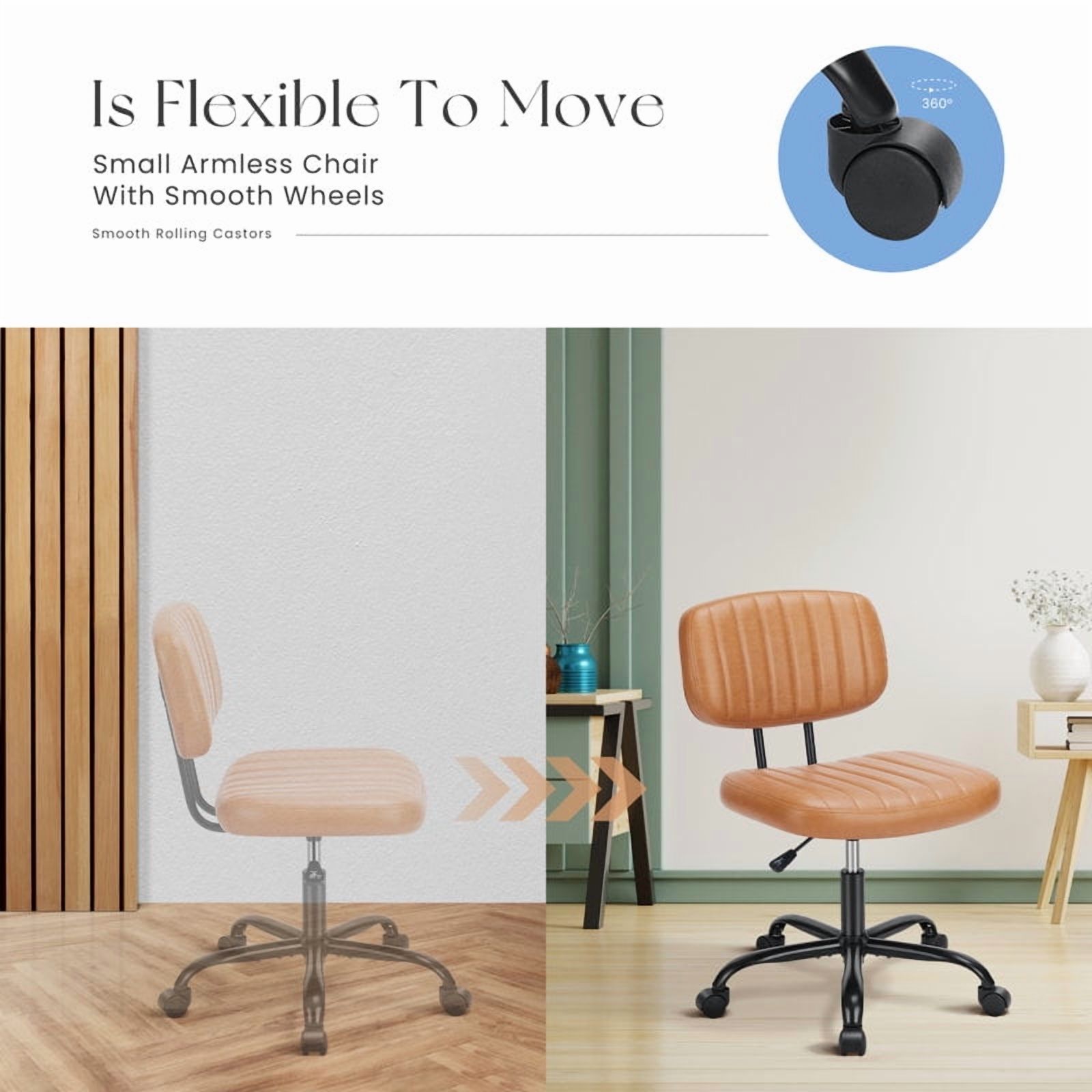Desk Chair, Armless Activity Chair with Wheels, Comfy Low Back Swivel Task Chair, Brown