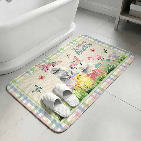 Farm Bunny Easter Egg Flower Door Mat,Indoor Outdoor Welcome Doormat Colorful Plaid Retro Linen Absorbent Linen Front Door Mats Non-Slip Entrance Rug for Kitchen Bathroom Entryway,16x24in