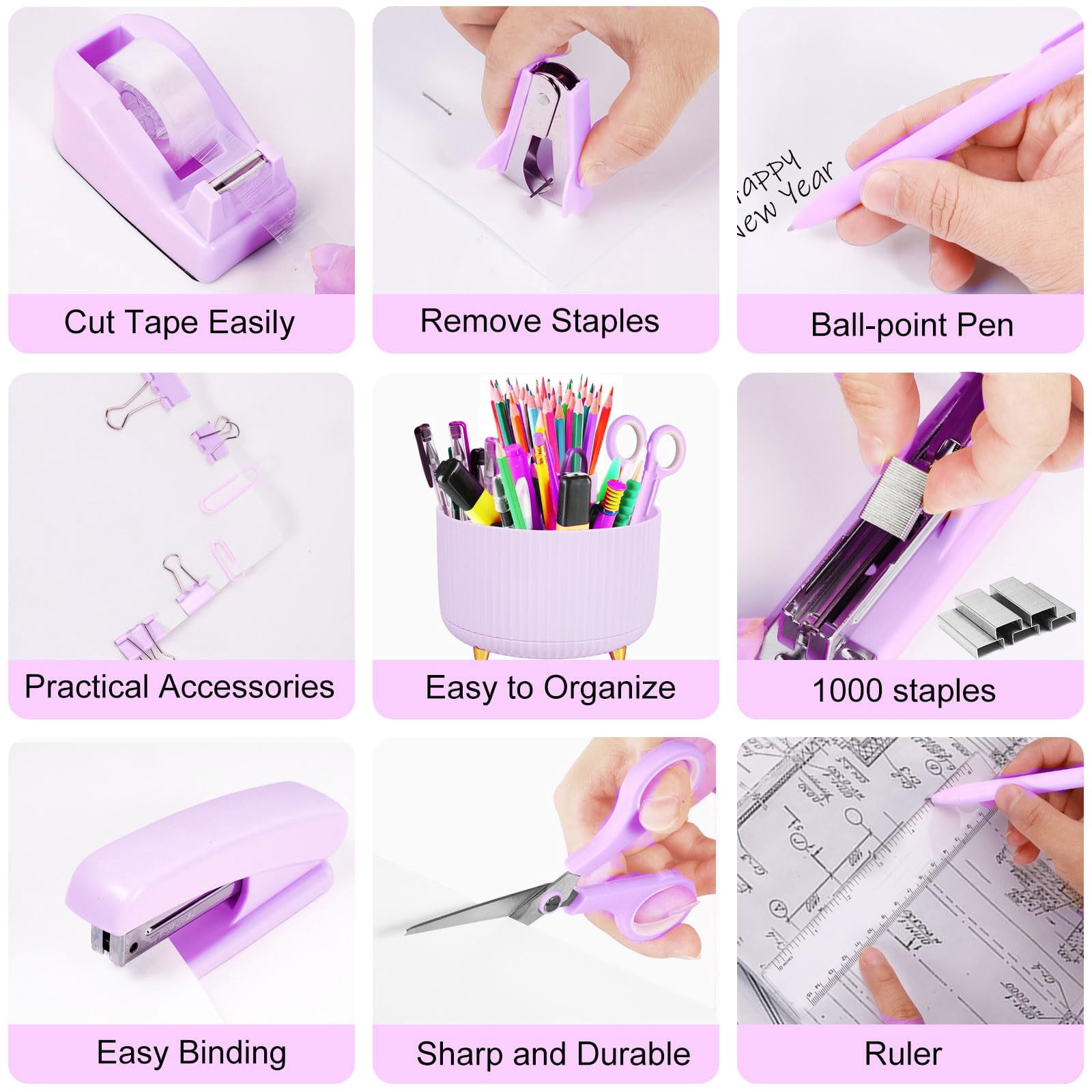 Purple Desk Organizers And Accessories Set With 360-degree Rotating Pen Holder  Tape Dispenser Stapler Staple Remover 1000 Staples Clips Ruler Scissor