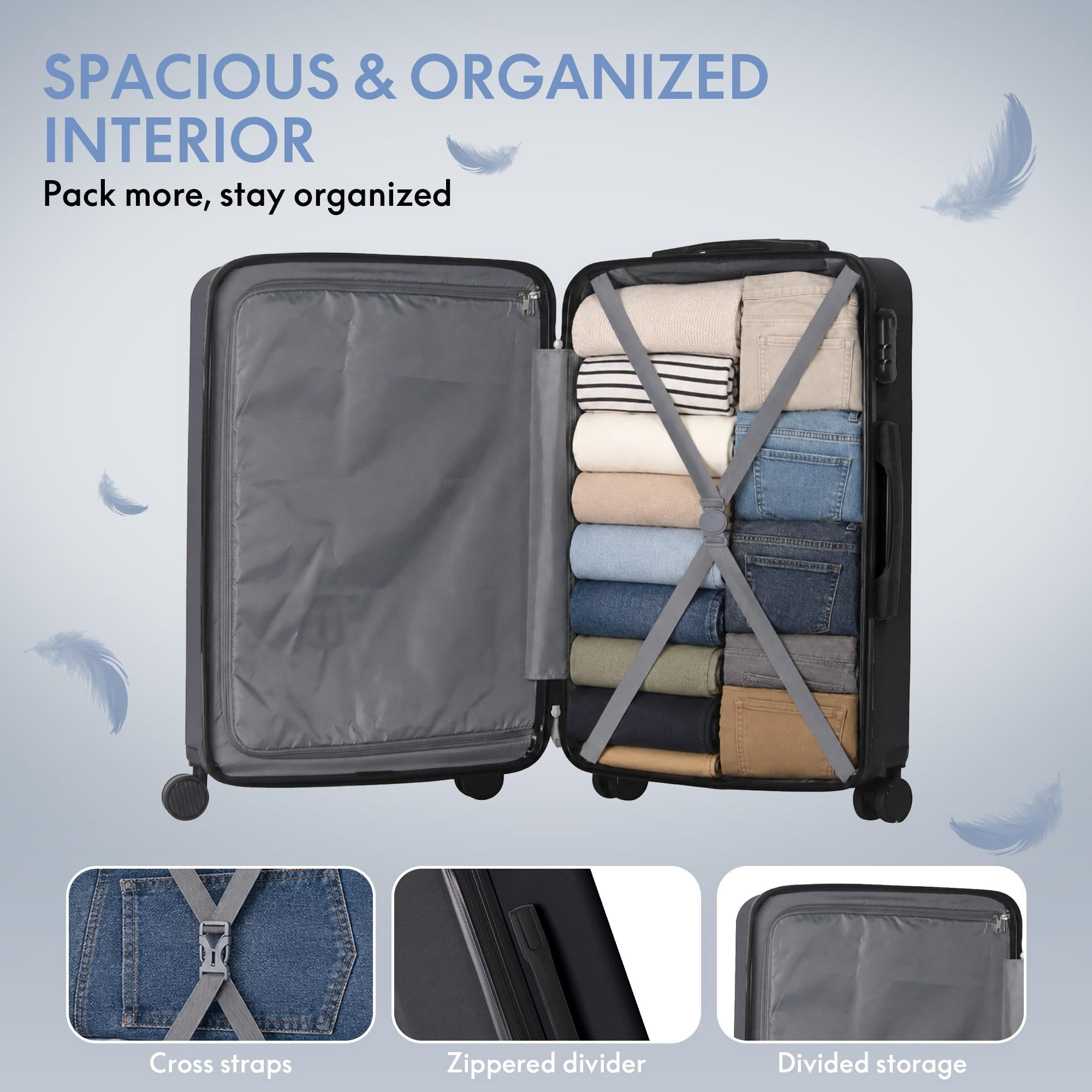 3-Piece ABS Hardshell Luggage Set, Lightweight Scratch-Resistant Suitcases with Silent Spinner Wheels & TSA Lock, Black