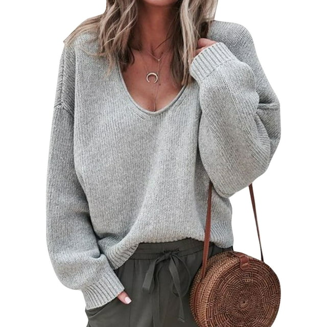 Innerwin Jumper Tops Long Sleeve Ladies Sweater Work Solid Color Casual Pullover Light Grey L