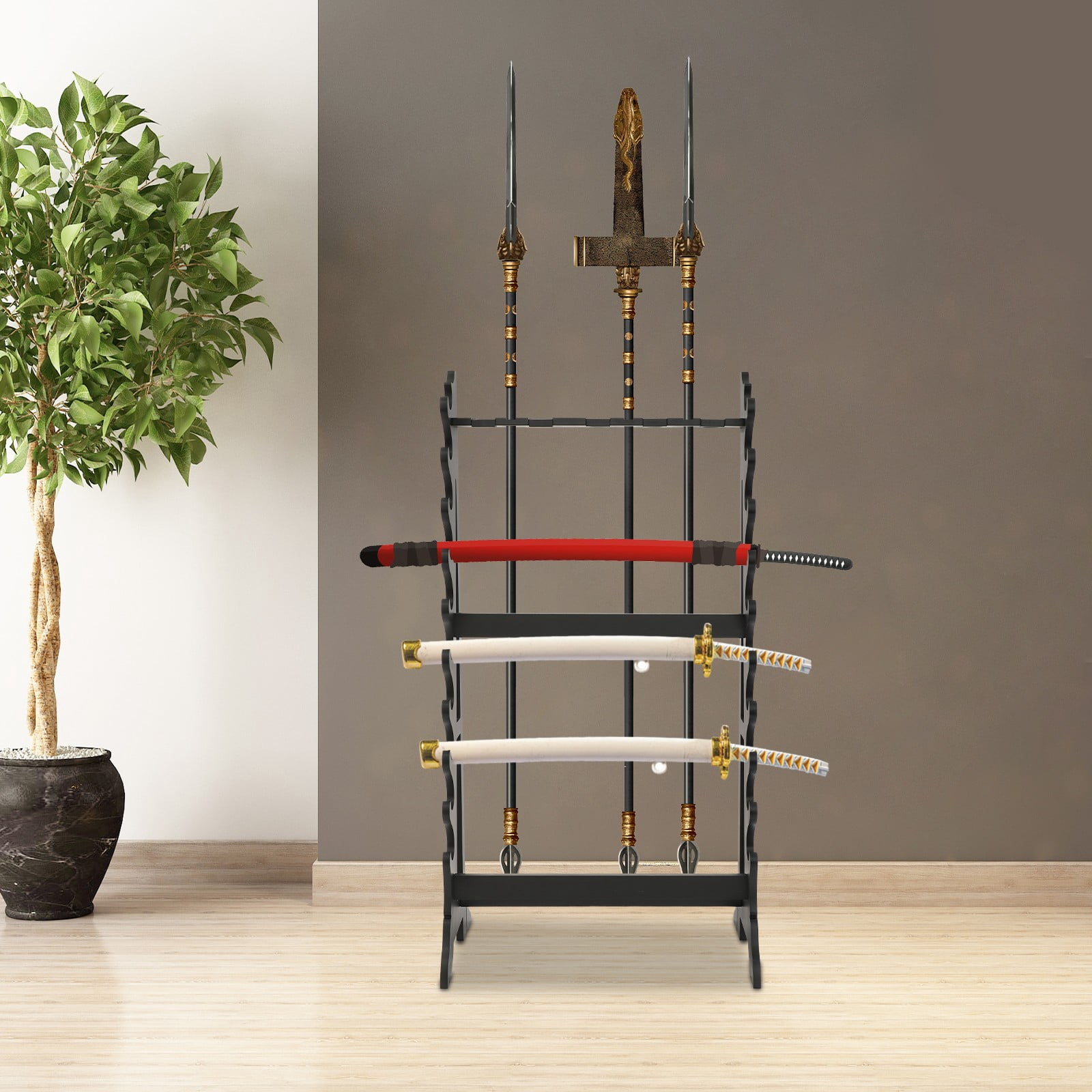 10-Layer Sword Stand, 5-Hole Katana Sword Display Rack, Black, Holds 10 Swords & Long Pole Weapons, 66lbs Capacity, for Home Dojo Weapon Storage & Decor