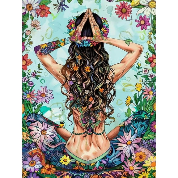5D DIY Diamond Painting Set "Woman Doing Yoga from Behind" Round Diamond Art Crafts for Adults, Suitable for Wall Decoration, Bedroom and Home Decoration