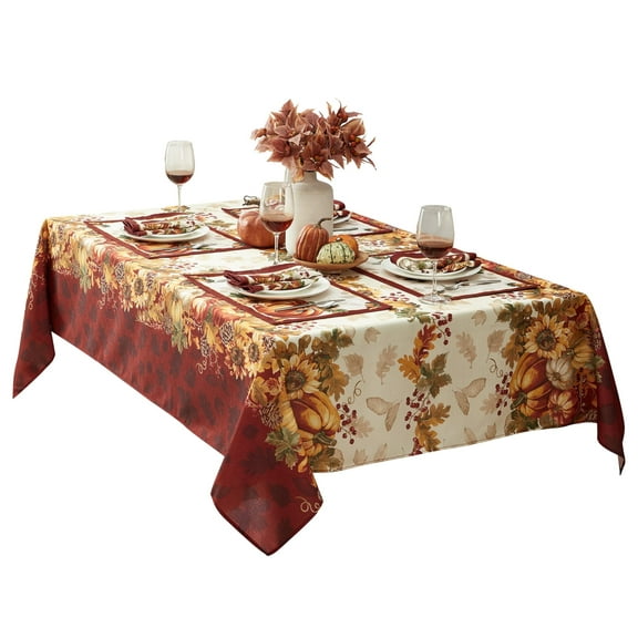 Newbridge Autumns Bounty Bordered Thanksgiving Fall Fabric Napkin Set, Multi-Colored Pumpkin Cottage Print Easy Care Napkins, Set of 8 Napkins