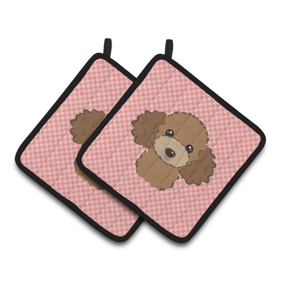 Carolines Treasures BB1256PTHD Checkerboard Pink Chocolate Brown Poodle Pair of Pot Holders , 7.5HX7.5W, multicolor