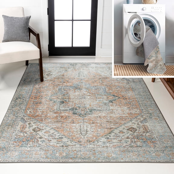 JONATHAN Y WASHABLE 5 x 8 Area Rug, Armae Distressed Medallion Chenille - Terra/Blue, WSH200A-5
