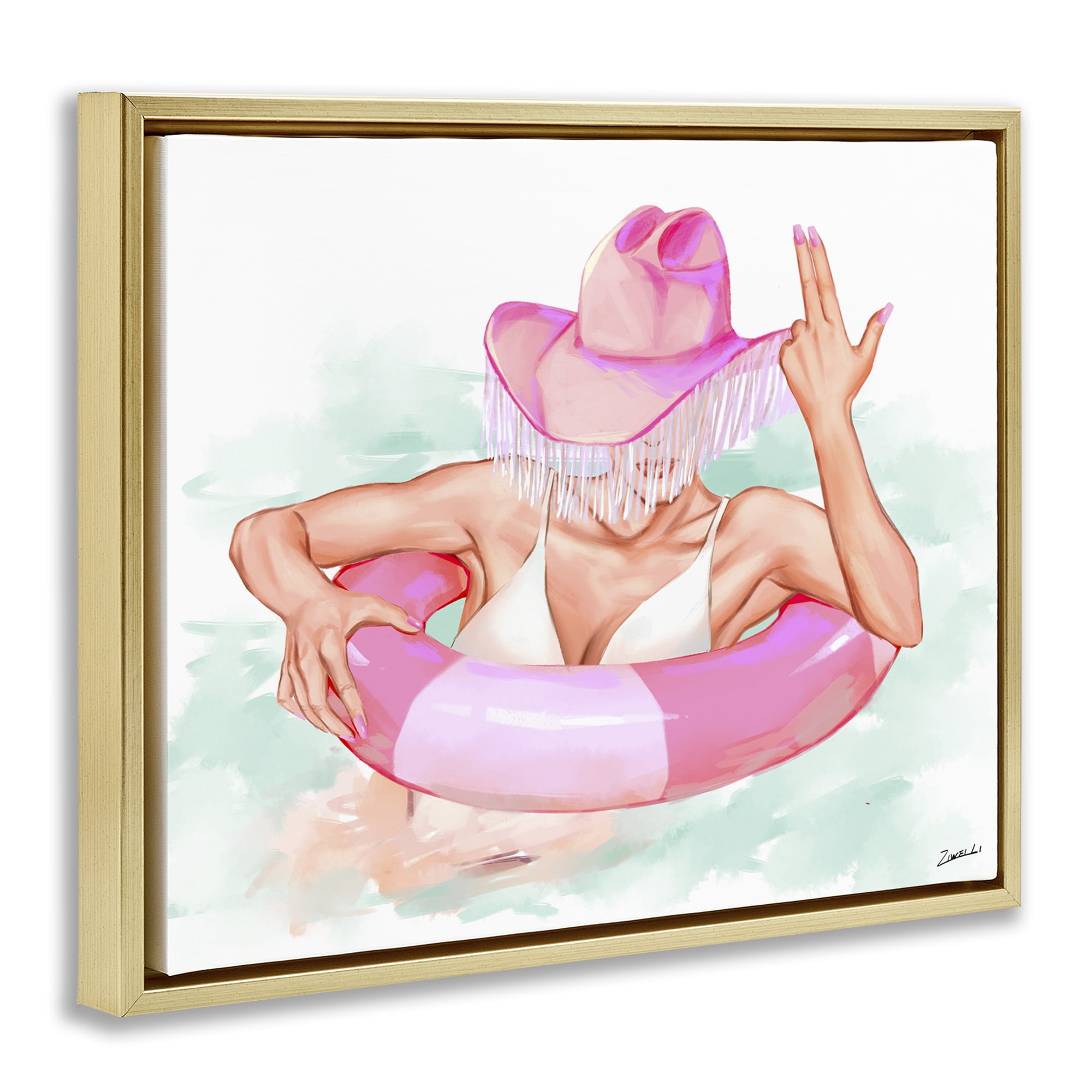 Stupell Industries Woman in Pool Float People Painting Gold Floater Framed Canvas Art Print Wall Art, 31 x 25