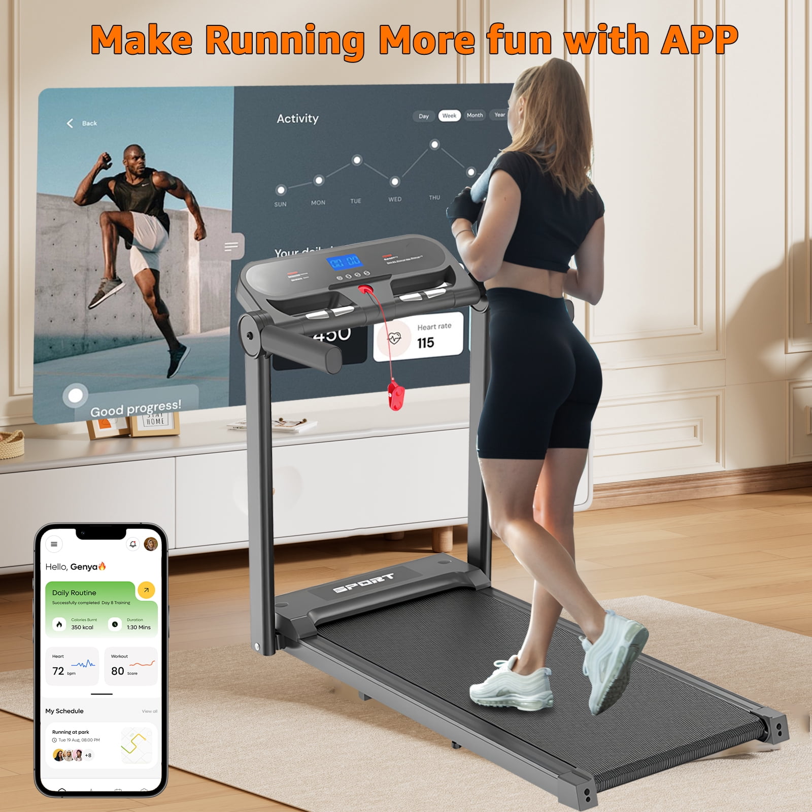 Jacgood 3HP Foldable Treadmill with 13 Programs,6.2MPH Walking Jogging Running Machine with Mobile Roller Design For Home Gyms
