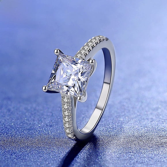 Anillo de plata de ley 925 para mujer, moda europea y americana, anillo de plata con diamantes anti-reales y cuatro garras de princesa cuadrada, joyería