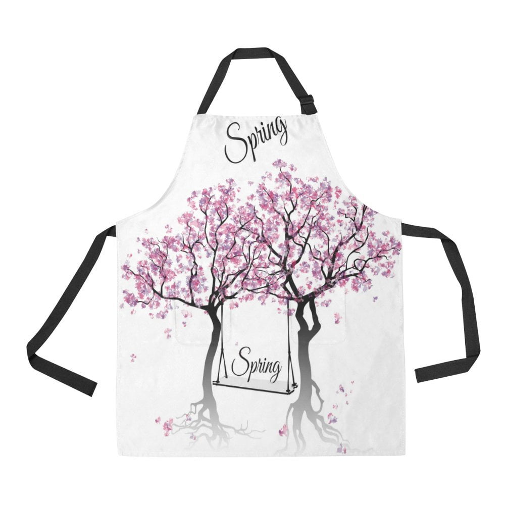 ASHLEIGH Spring Pink Blossoming Tree Branches Apron for Women Men Girls Chef with Pockets Watercolor Swing Tree Unisex Adjustable Bib Apron Kitchen for Cooking Baking Gardening Home