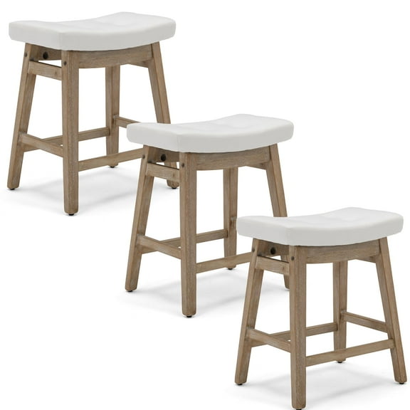 Upholstered Bar Stools Set of 3, 24 Inch Counter Height Stools with Ergonomic Saddle Seat and Solid Wood Base, Perfect for Cafe, Farmhouse, White