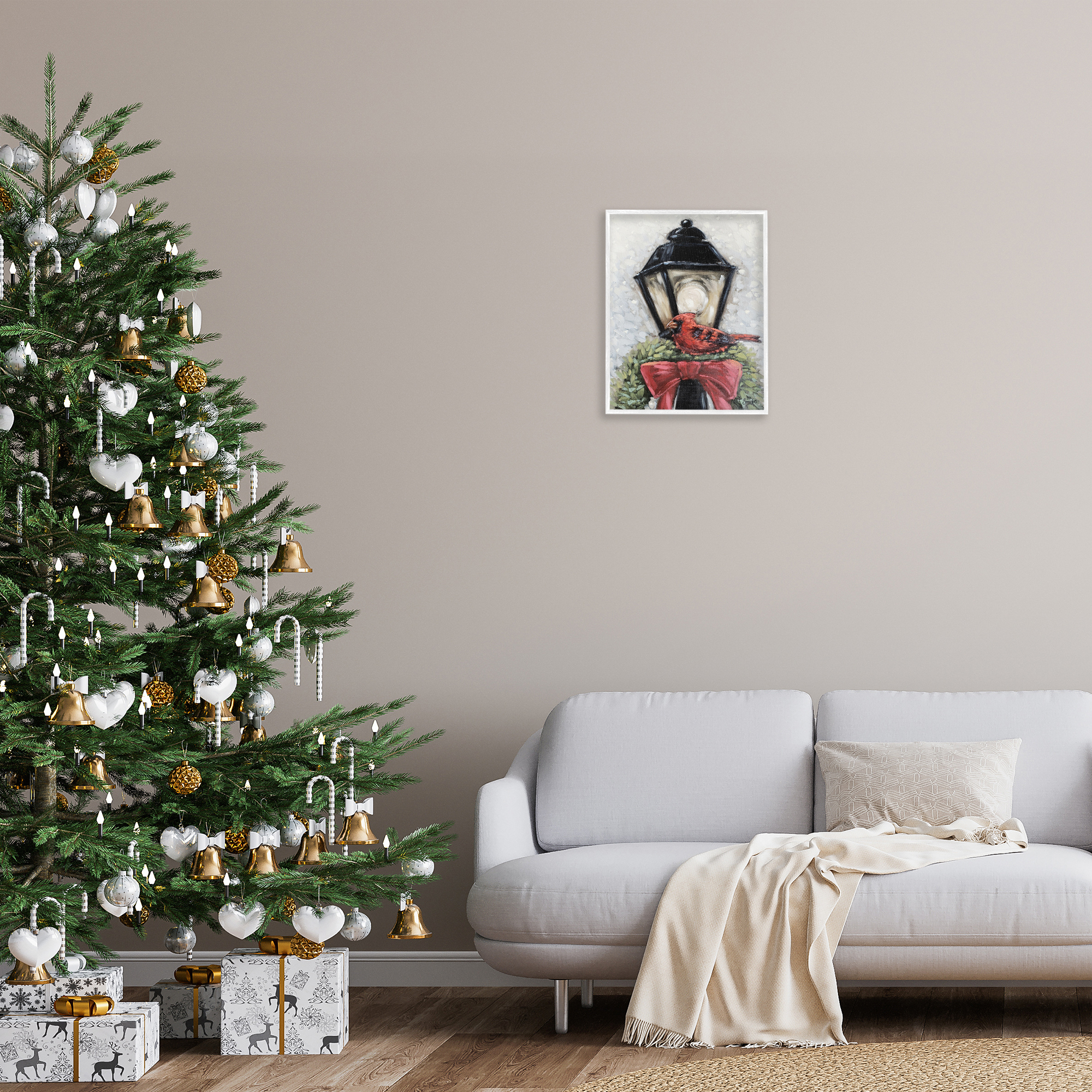 Stupell Industries Cardinal & Holiday Lamp Holiday Painting White Framed Art Print Wall Art, 16 x 20