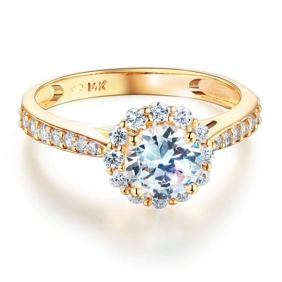Wellingsale Ladies Solid 14k Yellow Gold Polished CZ Cubic Zirconia Round Cut Halo Engagement Ring with Side Stones - Size 4