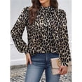 thumbnail image 4 of Camisas de Larga para Mujer, Blusas de Cuello Alto con Pliegues Delanteros, Ropa Informal Elegante para Otoño. Estampado de Leopardo L, 4 of 5