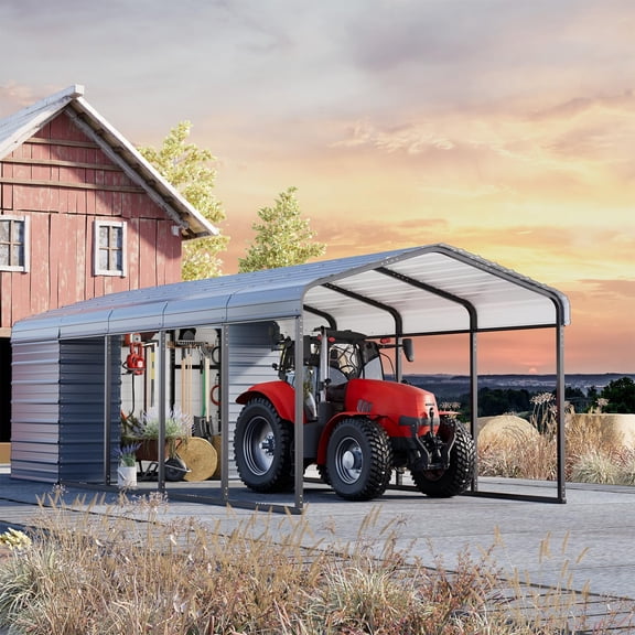Mellcom 10'x25' Outdoor Meatl Carport Garage 2-in-1, Heavy Duty Carport with Galvanized Metal Frame,Enclosed Storage Shelter for Trucks, Cars,SUVS& All Vehicles, Gray