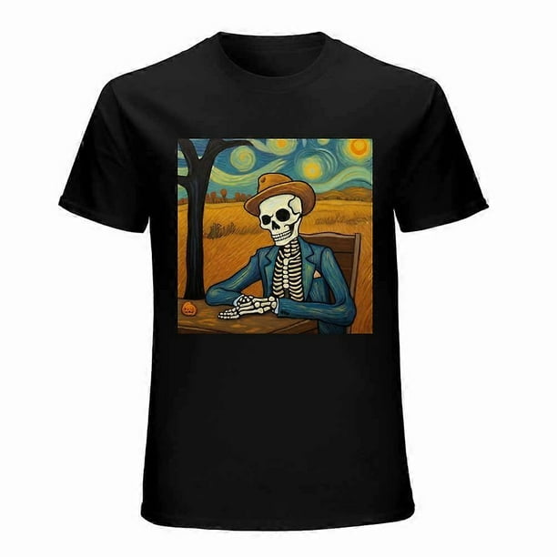 Spooky Skeleton Vincent Van Gogh Vintage Graphic T-shirt Skeletons on the Starry Wheat Field Tee Funny Unisex Top