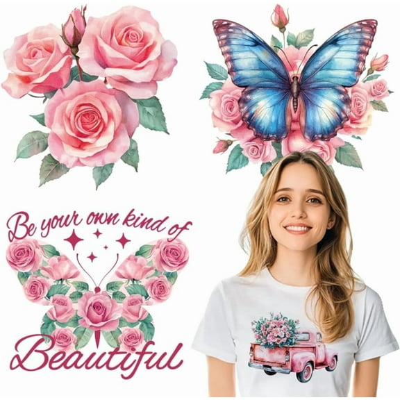 4Pcs Rose Theme Heat Transfer Stickers Pink Tones Iron On Transfers Patches Plastic Heat Transfer Decal Clothing Repair Applique for T-Shirt Jackets Sweatshirt Backpack