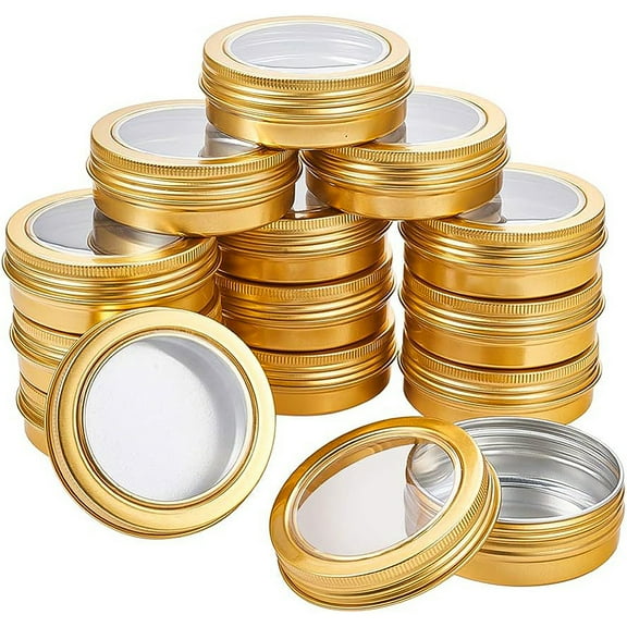 1Box 14 Pcs 60ml Aluminum Tin Jars Round Aluminum Tin Cans Cosmetic Containers with Clear Window Screw Cap Lid for DIY Crafts Travel Storage-Gold