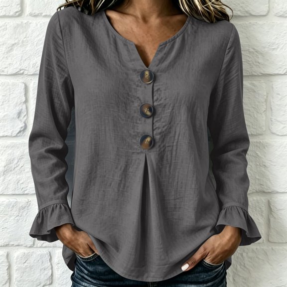 LEKWK Ruffle Long Sleeve Shirts for Women V Neck Button Front Linen Tops Pleated Loose Dressy Casual Tunic Tops Fall Daily Office Travel Outfits