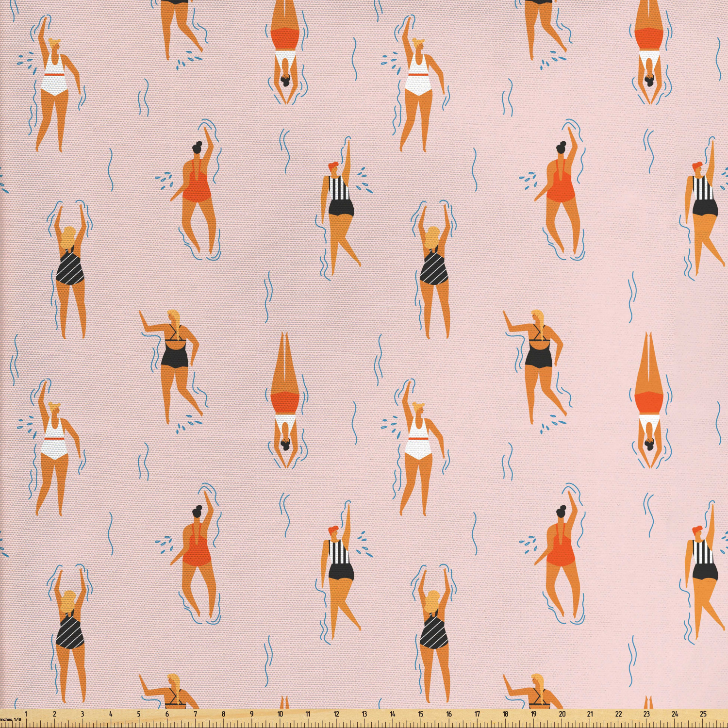 Pool Party Fabric by The Yard, Girls with Different Swimsuits Swimming