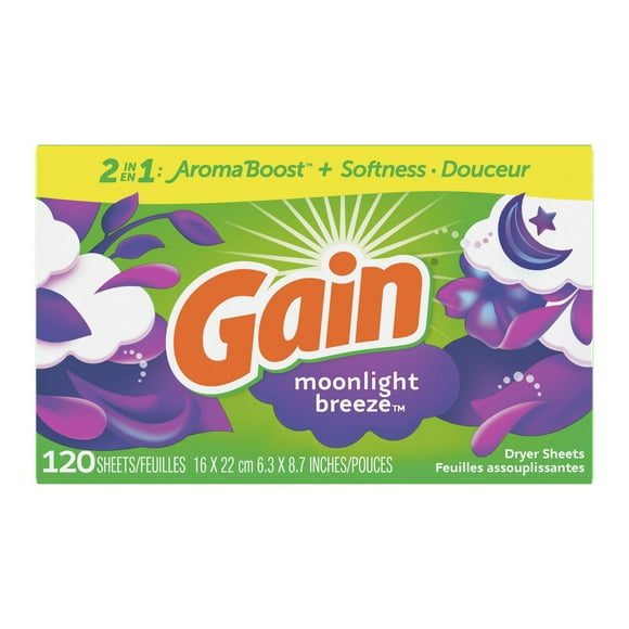 Gain dryer sheets, Moonlight Breeze Scent Laundry Fabric Softener Sheets with 2-in-1 Aromaboost Plus Softness, 120 Sheets