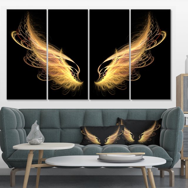Golden Angel Wings on Black - Oversized Abstract Canvas Art