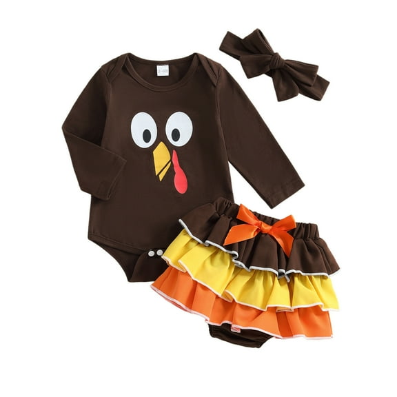 Jamsmile Newborn Girls Outfits Sets Thanksgiving Turkey Print Long Sleeve Romper Dress With Ruffle Hem And Headband Fall Outfits