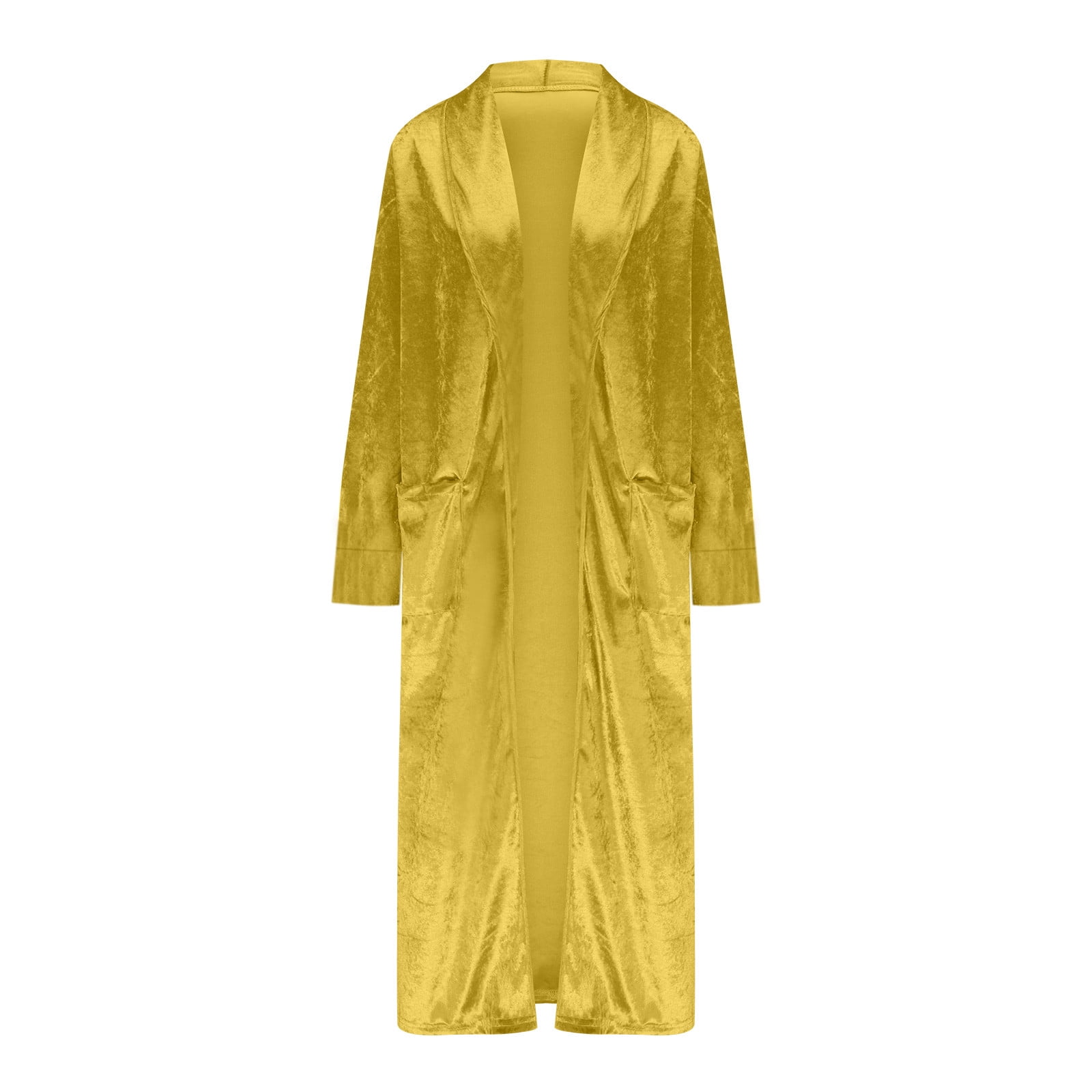 Arssm Women's Long Velvet Cardigan Jacket Lapel Collar Open Front Cardigan  Duster Coat with Pockets Outerwear (Yellow-M)