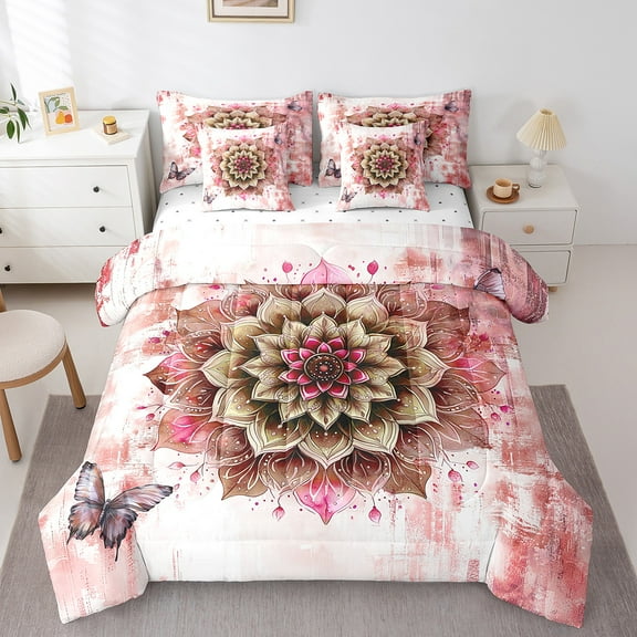 Girls Flower Twin Comforter Set 7 Pieces Mandala Floral Bedding Comforter Sets for Women,Red Gradient Bed in a Bag Vintage Ombre Bedding Set,Oil Painting Aesthetic Bed Sheets Set Room Decorative