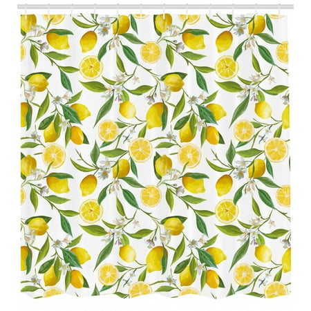 Exotic Shower Curtains Nature Shower Curtain, Exotic Lemon Tree Branches Yummy Delicious Kitchen Gardening Design, Fabric Bathroom Set with Hooks, Fern Green Yellow White, by Ambesonne ()