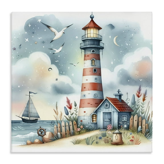 Stupell Industries Fun Maritime Lighthouse Nautical & Beach Painting Wrapped Canvas Art Print Wall Art, 17 x 17