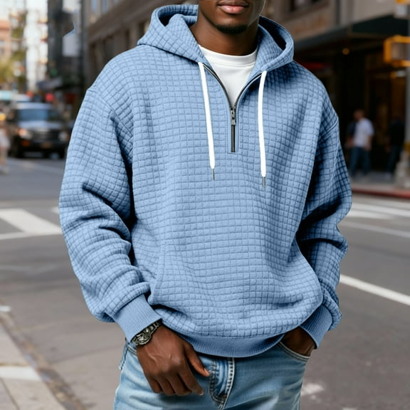 Men's Waffle Knit Hoodies Sweatshirt Quarter Zip Pullover Casual Long Sleeve 1/4 Zip Hooded Sweatshirts