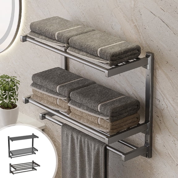 mfyjkho Wall Mounted Towel Rack, No Drill Adhesive Bathroom Shelf, 2-Tier Space Saving Storage Organizer for Towels, Gray Metal, 40X39.5X22Cm, 1-Pack