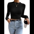 thumbnail image 3 of Tops de Punto Gofre para Mujer, Camisas de Larga, Camisetas Informales Ajustadas con Cuello Redondo, Jerséis Negro S, 3 of 8