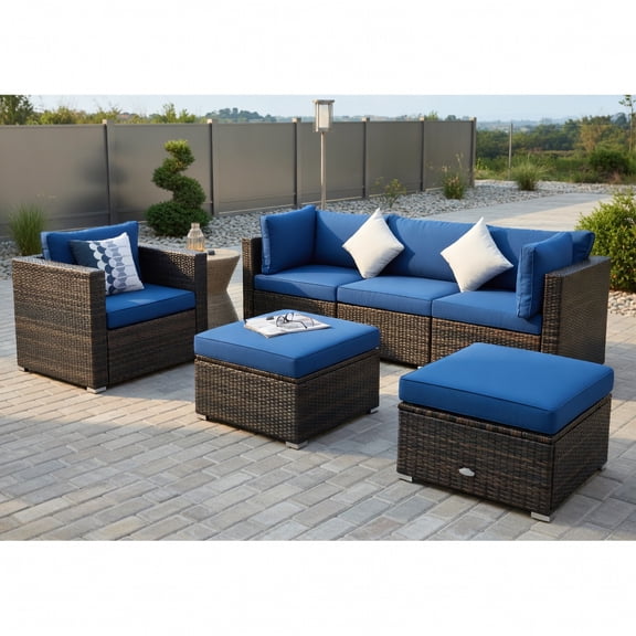 Topcobe 6 Pcs Patio Rattan Furniture Set with Sectional Cushion, Outdoor Furniture, Blue