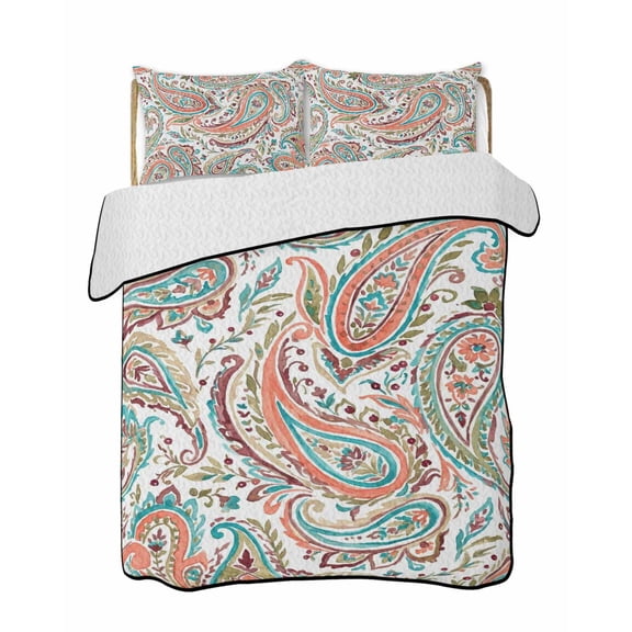 Full Size Quilt Bedding Set, Paisley Flower Reversible Summer Quilt 3 Pieces, Spring Watercolor Floral Leaf Plant Orange Lightweight Bedspreads Coverlets with 2 Pillow Shams for All Seasons