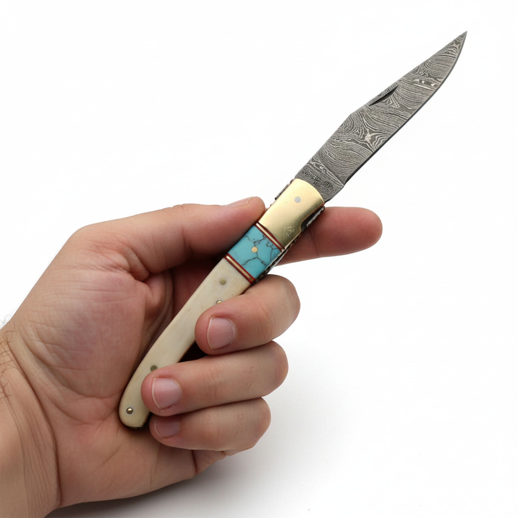SANZ 4.5\" Bone & Turquoise Folding Knife with 4\" Damascus Blade, Brass Bolster, Filework & Leather Sheath