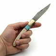 thumbnail image 2 of SANZ 4.5\" Bone & Turquoise Folding Knife with 4\" Damascus Blade, Brass Bolster, Filework & Leather Sheath, 2 of 6